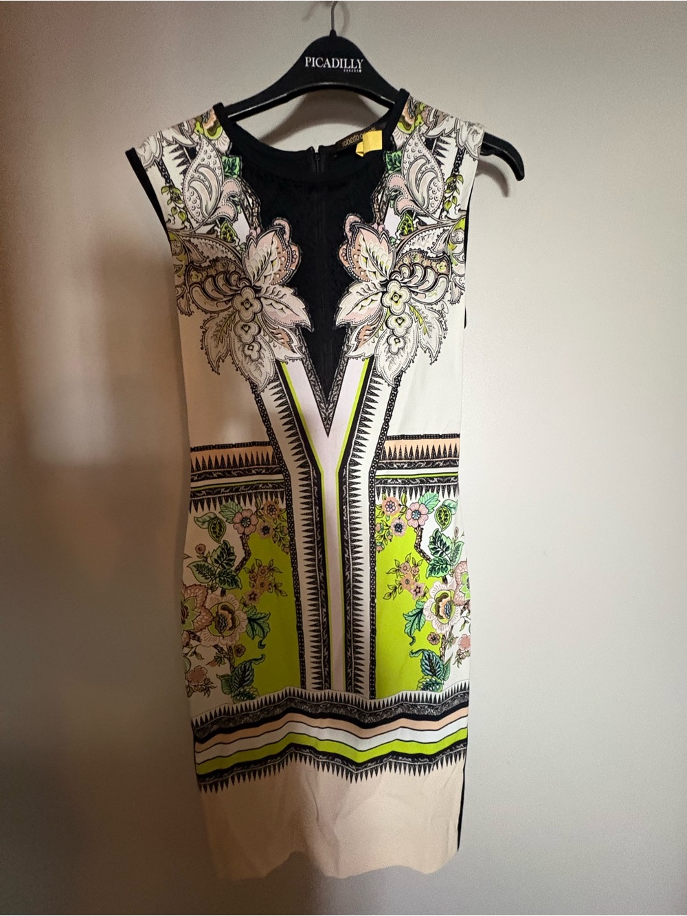 Roberto Cavalli Floral Lace-Accent Midi Dress in Lime & Ivory